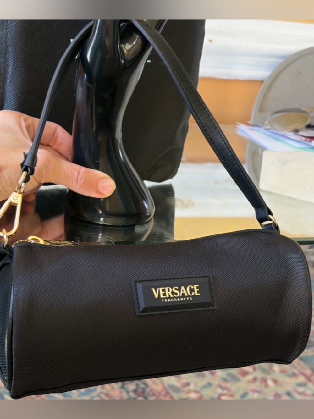Versace Black Canvas Logo Shoulder Pouch with Gold Hardware